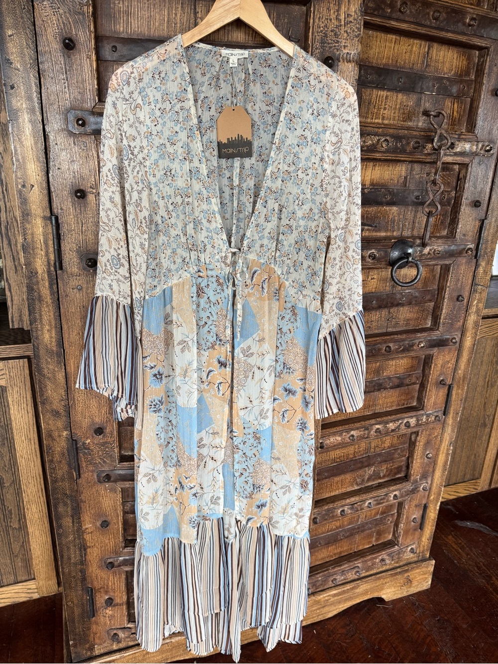 Floral Patchwork Boho Duster in Soft Blue & Beige